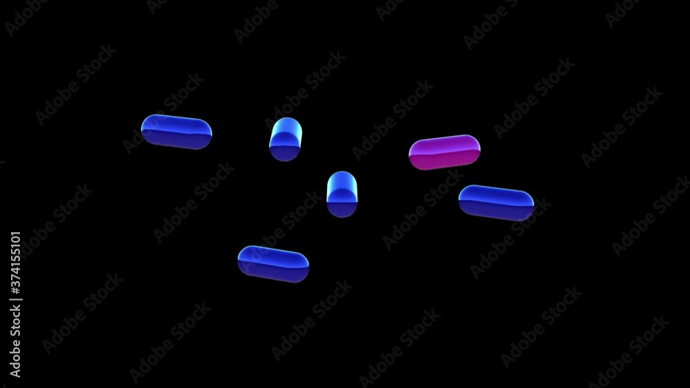 Animation of capsule shape objects that are flowing from background into foreground rotate and stops in random order.