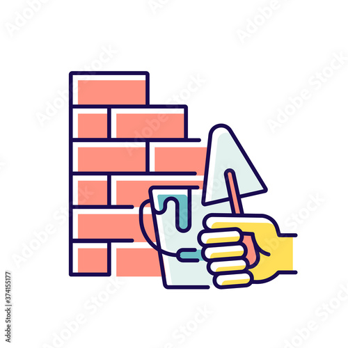Wall building RGB color icon. Bricklaying techniques. Brickwork. Manual work. Redbrick wall. Construction. Building walls outdoor. Reparation. Home maintenance. Isolated vector illustration