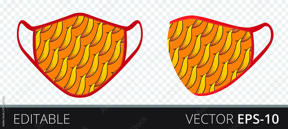 Set medical mask with patterned fabrics to protect against infection, polluted air and transmission of coronavirus covid-19. Vector illustration. Isolated on transparent background.