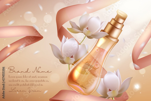 Orange flower perfume cosmetics vector illustration. 3d perfumed spray glass bottle with neroli essential oil ingredient and ribbons natural flowers decor, cosmetology perfumery advertising background