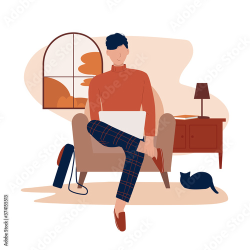 Working at home. Online education. Young stylish man is sitting in the armchair and using laptop in the room or apartment. Freelance worker, self employed, student. Isolated vector illustration