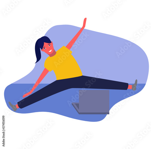 A young girl does sports online, sports on Skype, a Girl does yoga at home on a laptop