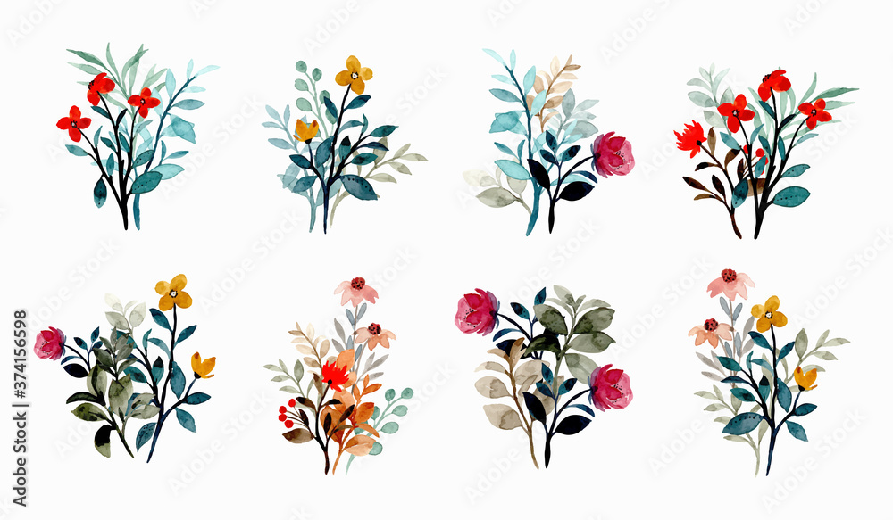 Wild floral bouquet collection with watercolor