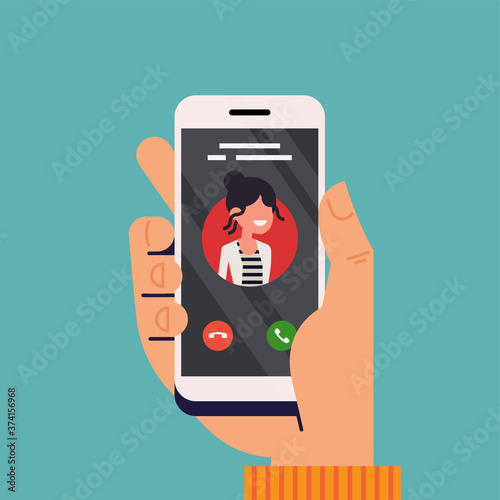 Incoming call concept vector illustration with hand holding mobile phone with caller ID on screen and accept or decline buttons