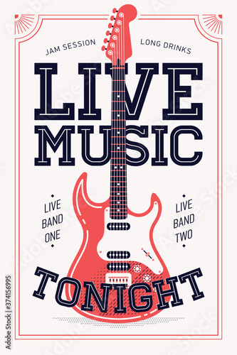 Cool retro styled 'Live Music Tonight' vector poster or banner template. Vertical event announcement with chunky lettering and electric guitar illustration. Concert poster