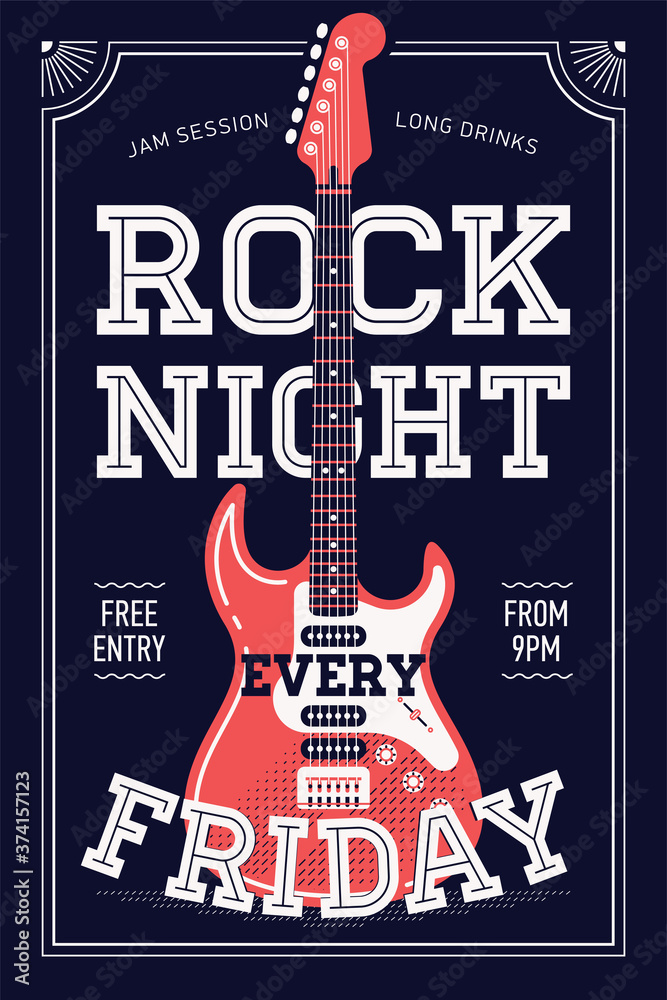 Plakat Cool 'Rock Night Every Friday' vector poster template with chunky lettering and electric rock guitar. Ideal for printable concert promotion in clubs, bars, pubs and public places
