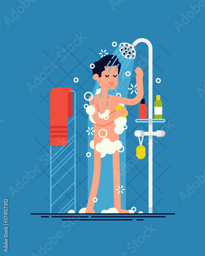 Man taking shower. Cool vector flat design illustration on daily routine with confident male character covered in soap foam having a shower in bathroom. Morning routine concept layout