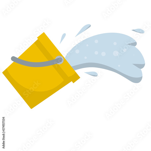 Splash and splatter. Liquid pours out. Cartoon flat illustration. Cleaning the house. Orange bucket of water. Yellow object for washing