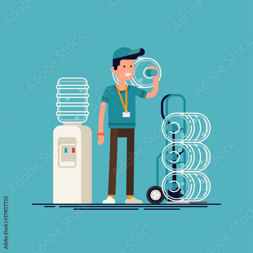 Water delivery service. Cool vector character with delivery cart with bottles. Water cooler rental, supply and shipping service concept background. Bottled water shipment worker