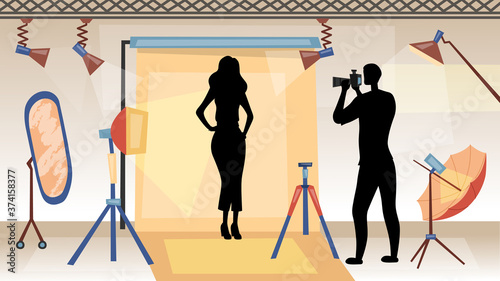 Photoset, Fashion Show Concept. Male And Female Silhouettes, Mirror, Illumination Projectors. Woman Poses To Photographer. Man Makes Photos Of Model At Photo Studio. Vector Illustration In Flat Style