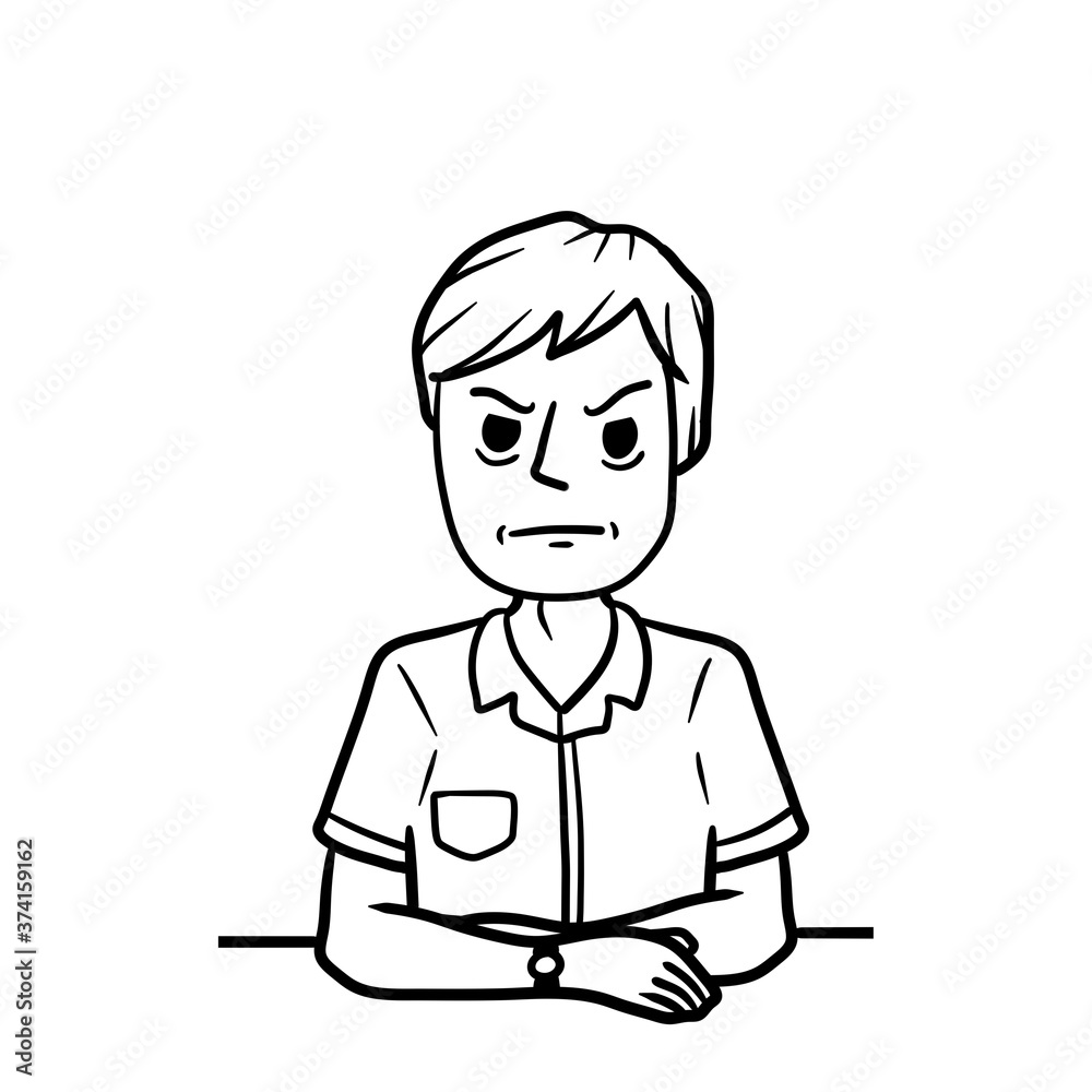 Angry man sit with crossed arms. Negative gesture and discontent. Bad emotions. grumpy guy and Unpleasant look. Hand-drawn black and white sketch cartoon illustration.