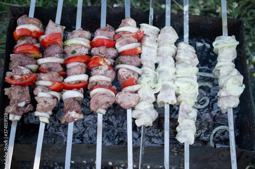 skewers on skewers, fried meat, outdoor recreation