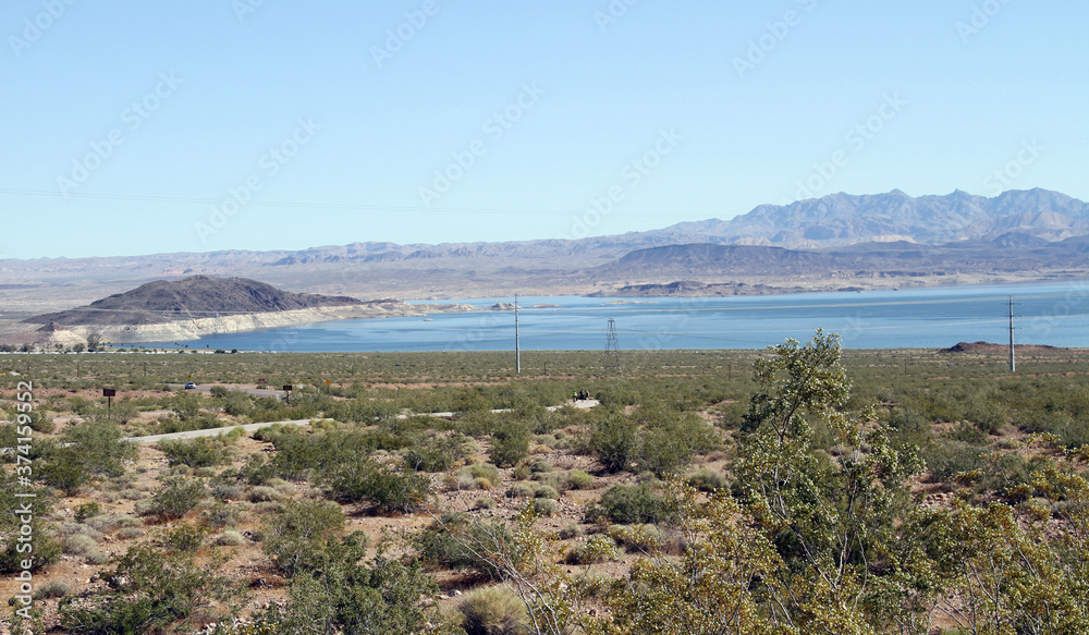 lake scenery of desert has many rock mountains 