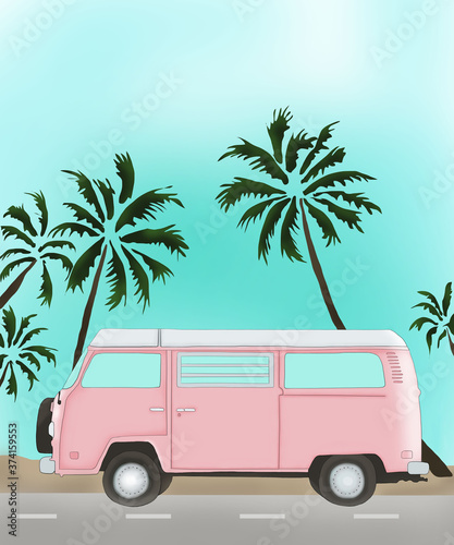 Travel pink car with palm  © Alesia