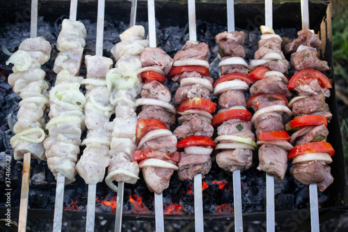 skewers on skewers, fried meat, outdoor recreation