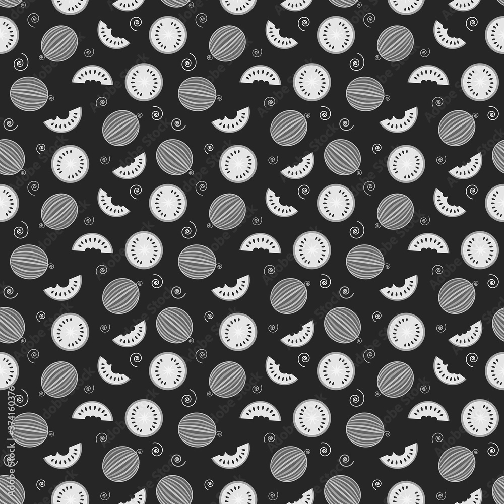 whole watermelons and slices on black background, black-and-white seamless pattern
