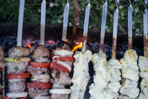 skewers on skewers, fried meat, outdoor recreation