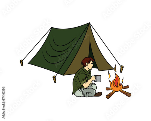 a Man's Sitting in Front of Campfire while Holding His Mug