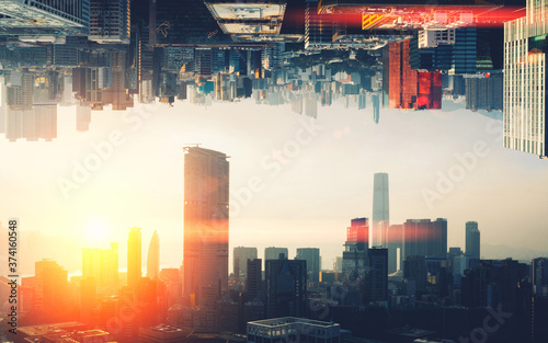 Futuristic multiverse world concept. Downtown with skyscrapers skyline under and cityscape over. Two parallel worlds. Alternative reality dimension