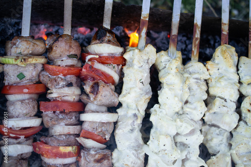 skewers on skewers, fried meat, outdoor recreation