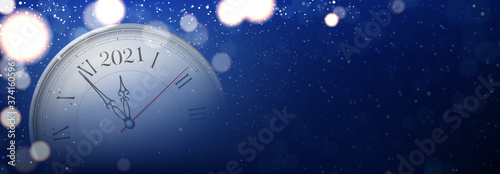 Happy New Year 2021 banner template. Vector illustration with realistic wall clock on dark blue background with effect bokeh. Happy New Year symbol.