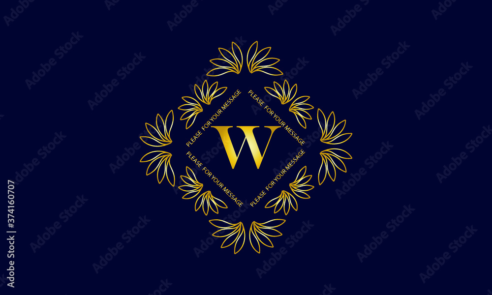 Graceful monogram with the letter W. Golden creative logo on a dark blue background. Floral vector illustration of business, cafe, office, restaurant, heraldry.