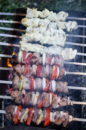 skewers on skewers, fried meat, outdoor recreation