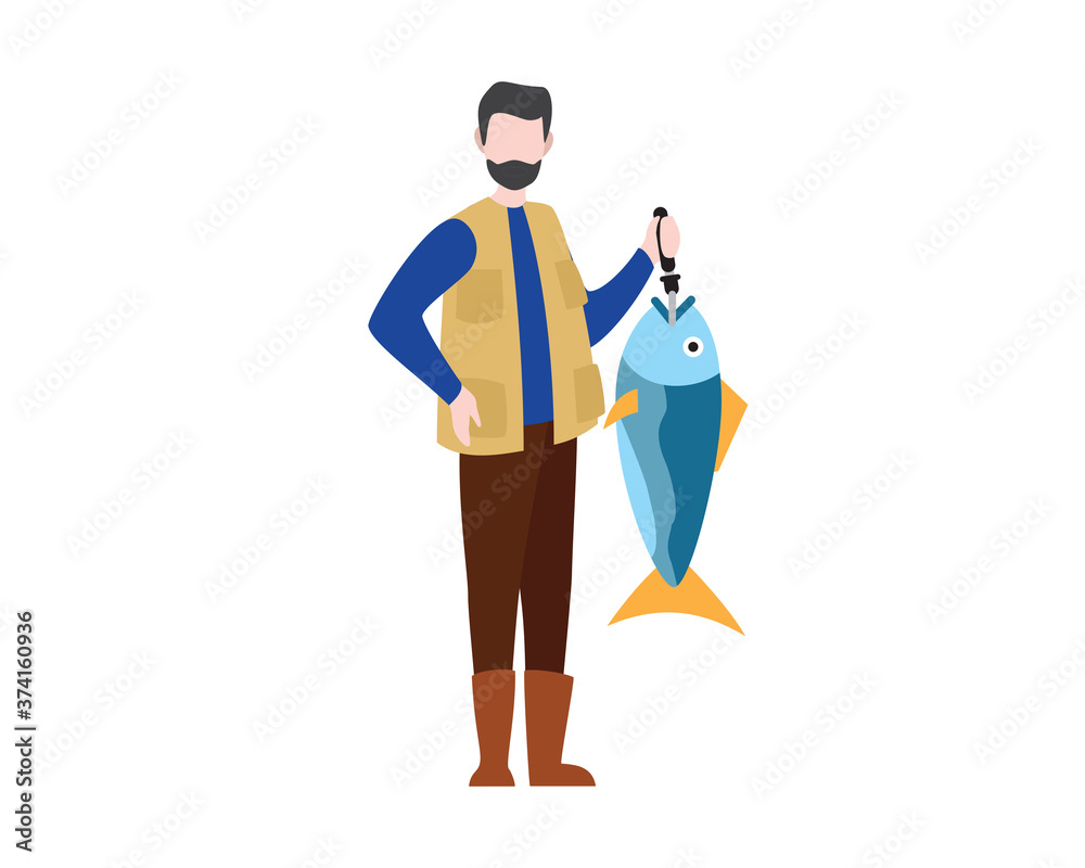 Fisherman Holding Big Fish Illustration with Cartoon Style