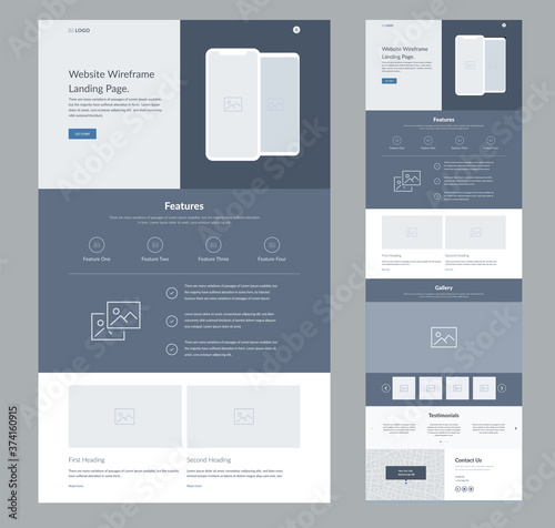 Website landing page wireframe design for business. One page site layout template. Modern flat UX/UI site development. Responsive cool website design concept.
