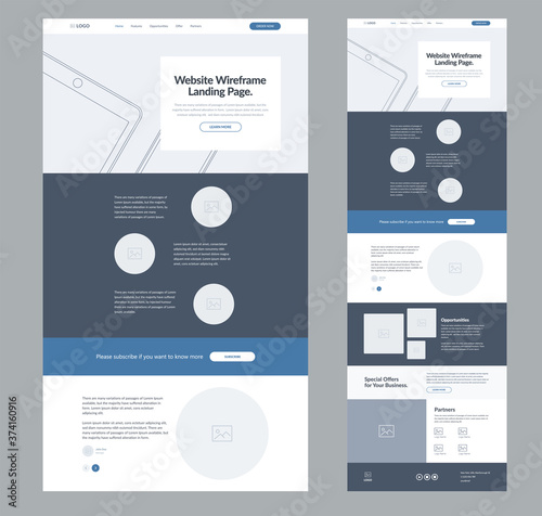 Website landing page wireframe design for business. One page site layout template. Modern flat UX/UI site development. Responsive cool website design concept.