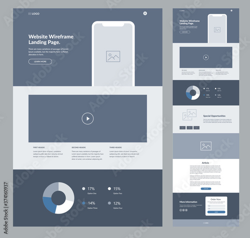 Website landing page wireframe design for business. One page site layout template. Modern flat UX/UI site development. Responsive cool website design concept.