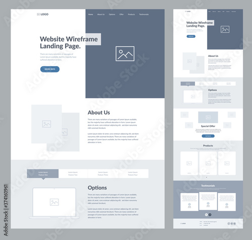 Website landing page wireframe design for business. One page site layout template. Modern flat UX/UI site development. Responsive cool website design concept.