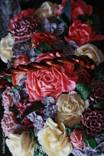 Beautiful cake basket with cream flowers macro 