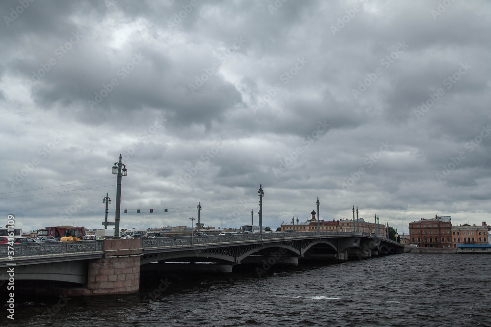 Saint Petersburg cloudy cityscape. Annunciation Bridge. Saint Petersburg cloudy cityscape. Annunciation Bridge.