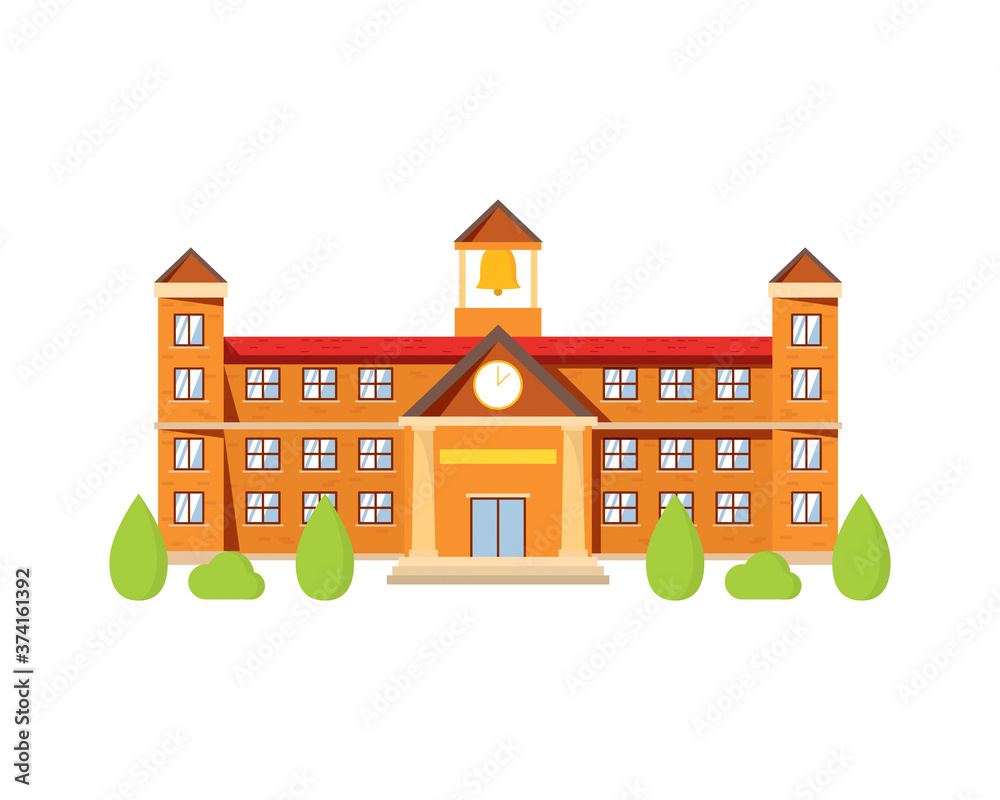 Detailed School Building with Trees Illustration