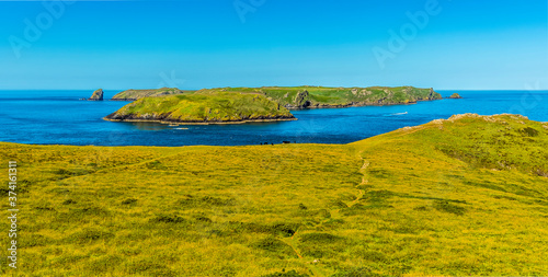 A view of Skomer Island (breeding ground for Atlantic Puffins) from Deer Park on the mainland in early summer