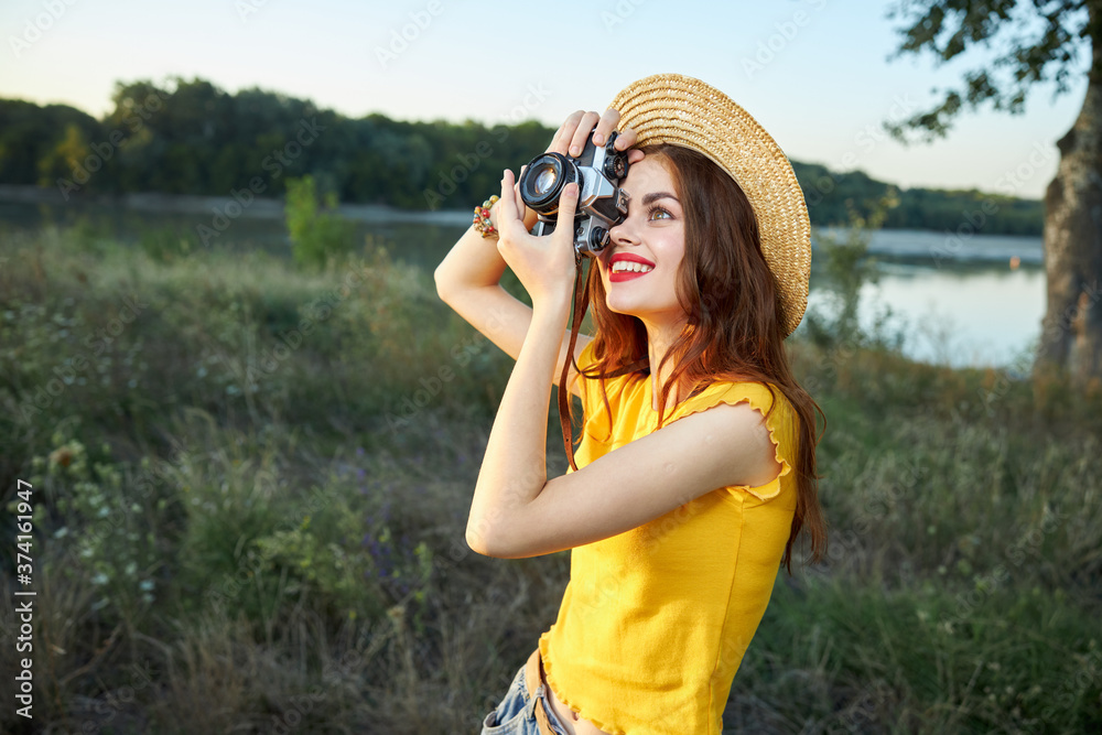 woman photographing nature smile red lips hobby summer