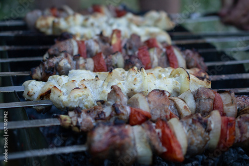 skewers on skewers, fried meat, outdoor recreation