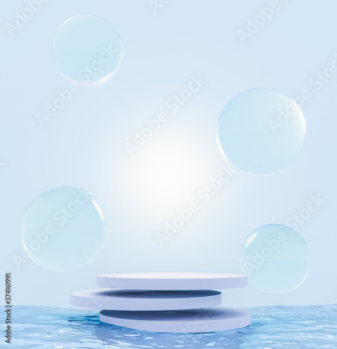 3d rendering floating podium and water drops above blue ocean. Minimal light blue color scheme. Moisturizer cosmetic product concept. 