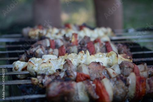 skewers on skewers, fried meat, outdoor recreation