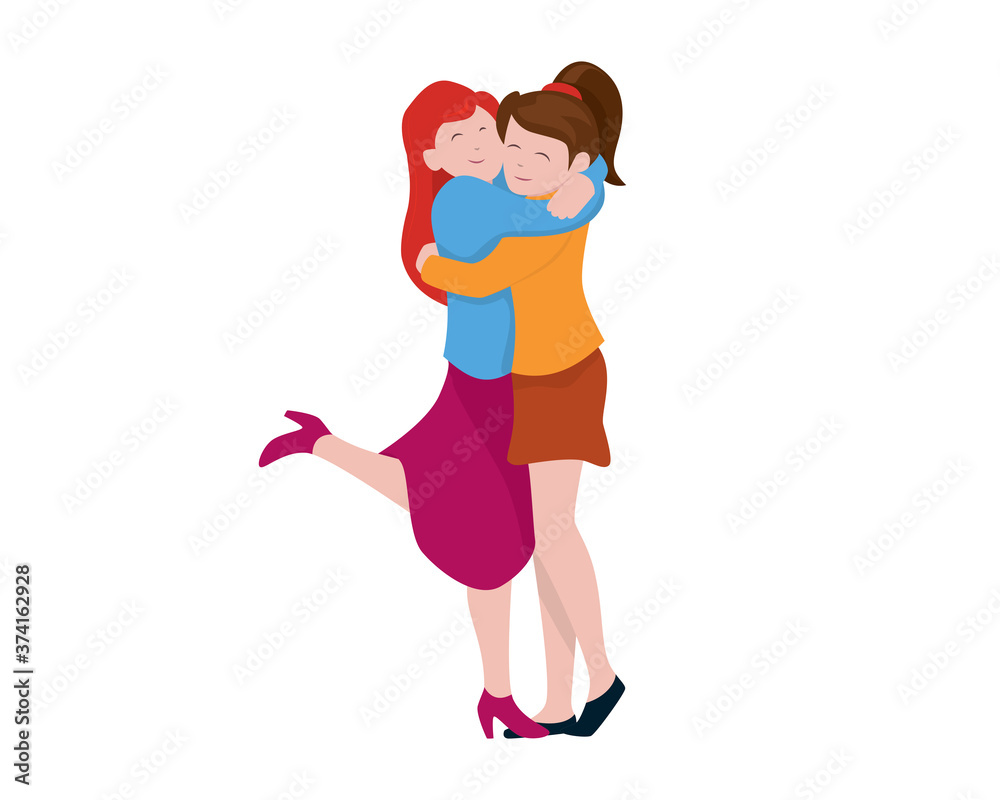 a Girl's Giving Warm Hug to Her Friend Illustration