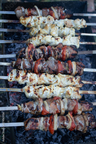 skewers on skewers, fried meat, outdoor recreation