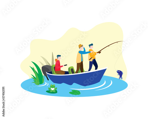 Fishing Together on the Boat at River or Swamp and Catching Fish Illustration