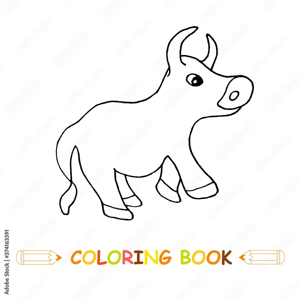 Fototapeta premium Bull coloring page vector illustration, cute farm animal in monochrome and colour version for kids coloring book
