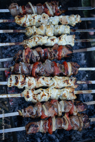 skewers on skewers, fried meat, outdoor recreation