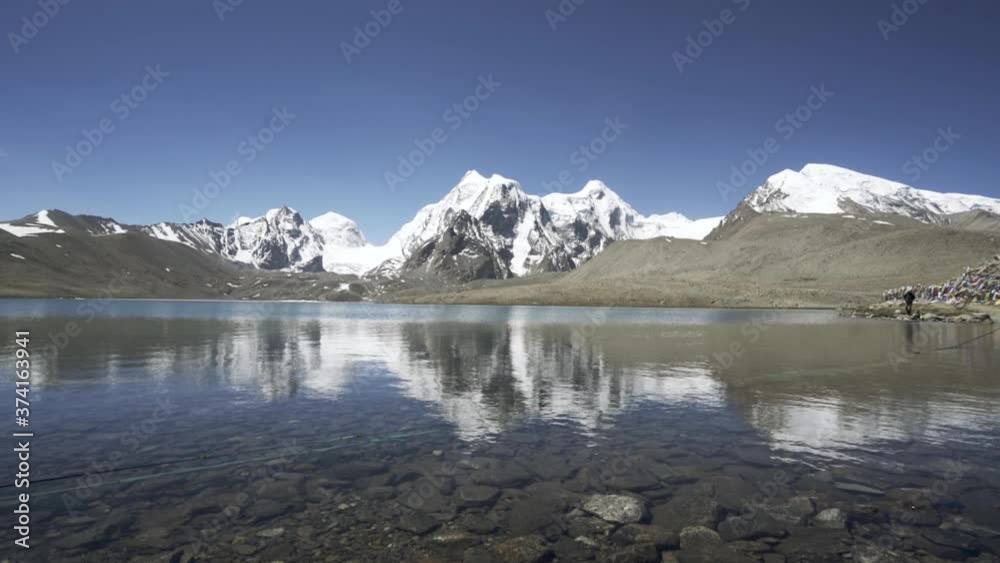 Scenic View Of Gurudongmar Lake With Reflections Of Snowy Himalayas In The Background In North Sikkim, India. The Second Highest Lake In India - wide shot Scenic View Of Gurudongmar Lake With Reflections Of Snowy Himalayas In The Background In North Sikkim, India. The Second Highest Lake In India - wide shot