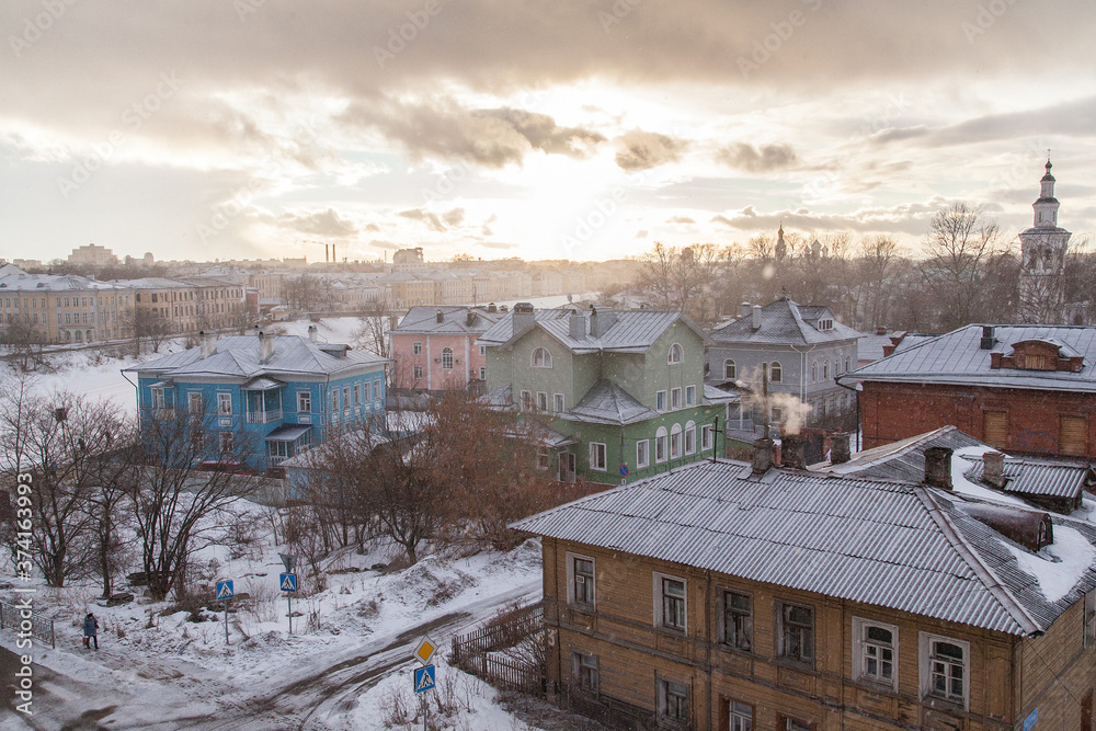 Winter rooftop cityscape of small Russian town