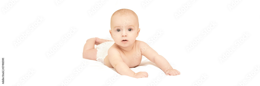 Little pretty kid. Lying at home. White background. Happy expression. Male child portrait. Mother care. Wearing diaper. Funny sensitive human. Horizontal banner with copyspace. Look at camera Little pretty kid. Lying at home. White background. Happy expression. Male child portrait. Mother care. Wearing diaper. Funny sensitive human. Horizontal banner with copyspace. Look at camera