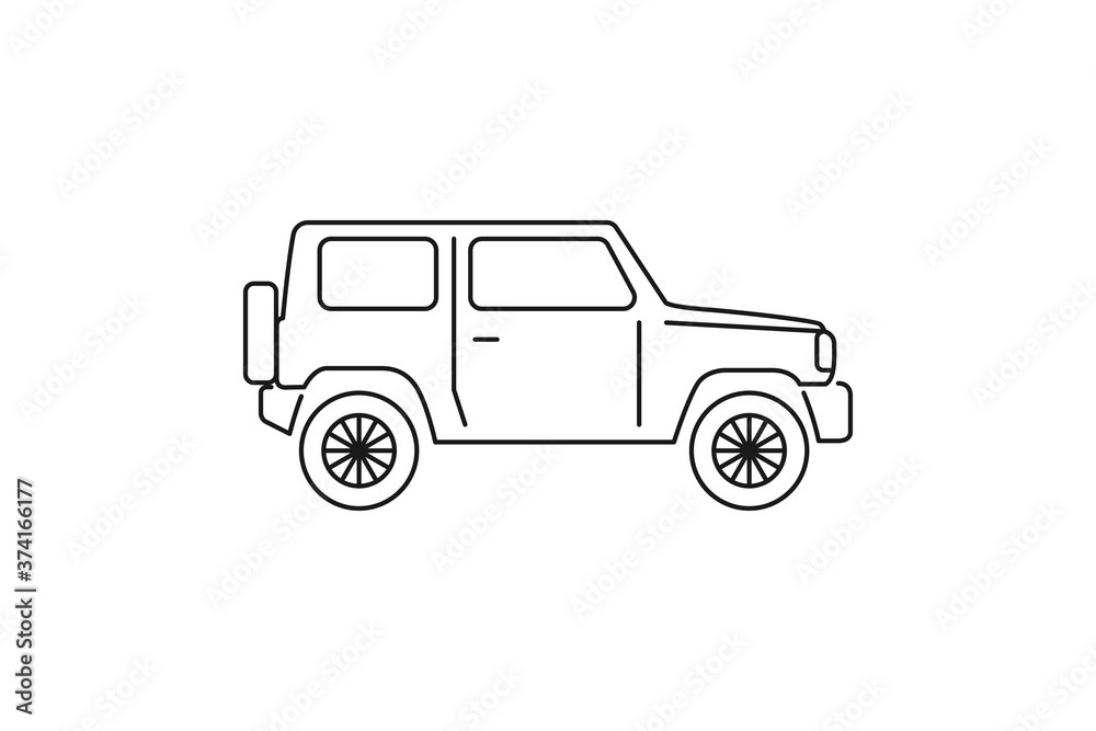 Offroad car icon. Black line web sign. Flat style vector illustration isolated on white background.