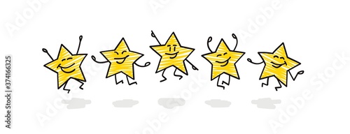 Doodle stick figures: five funny stars are jumping.